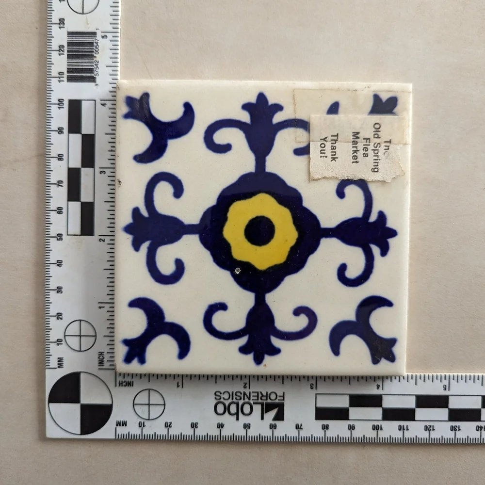 2 Mexican Dal-Tile Clay Tile Folk Art 4 x 4 Blue & Yellow